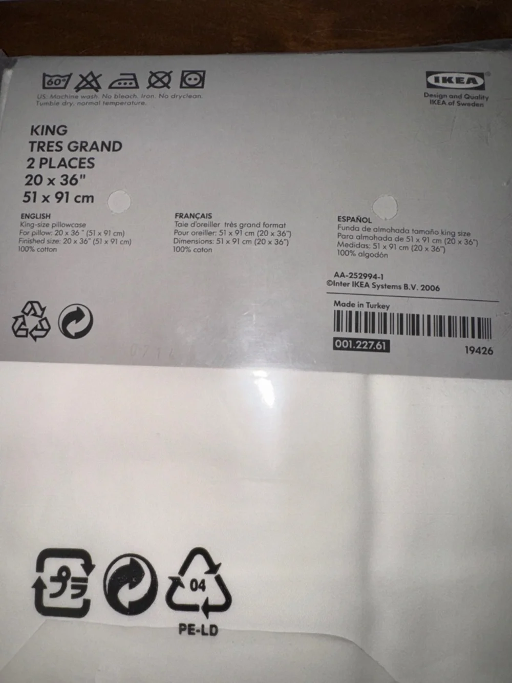 NIP IKEA GÄSPA King Pillowcase White 20” x 36”